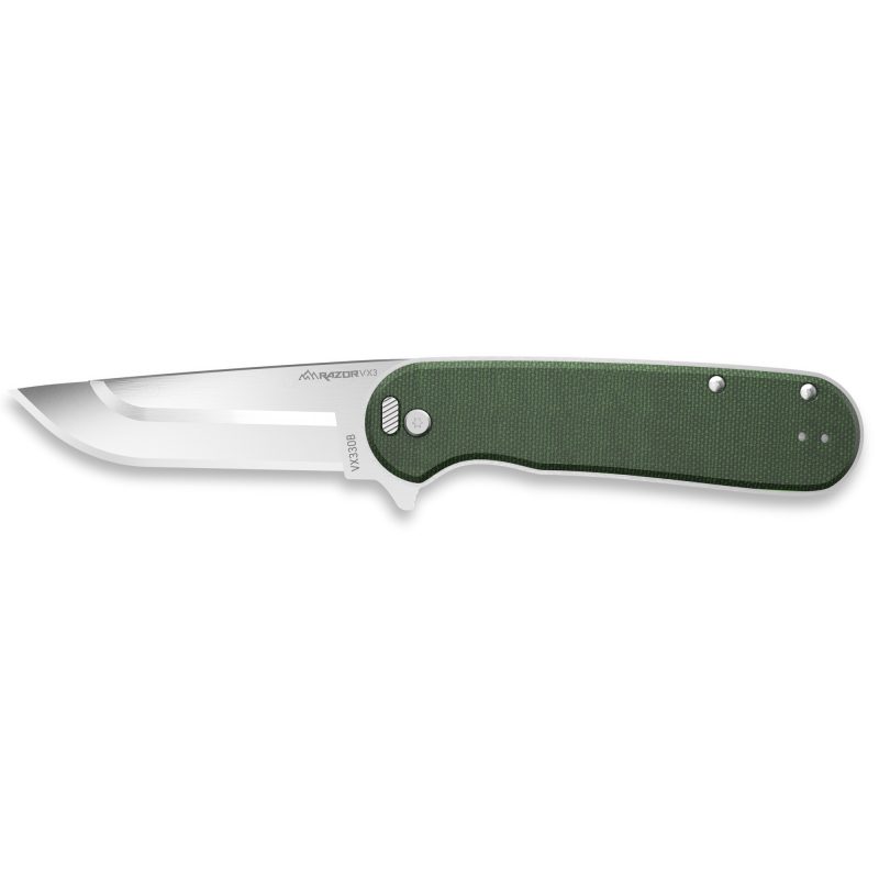Outdoor Edge Razor VX3 folding knife with green Micarta scales and stainless steel blade, shown open on a rustic background.