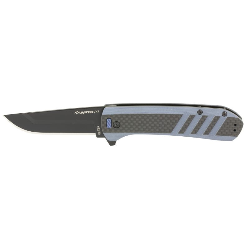Outdoor Edge Razor VX4 folding knife with blue and carbon fiber G10 scales, a 3-inch plain edge blade, and a reversible deep-carry clip, shown open on a rugged surface.