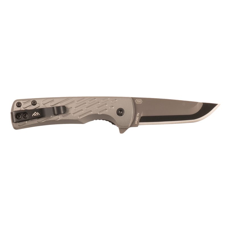 Outdoor Edge Razor VX7 2.5 inch folding knife with a gray aluminum handle and black-oxide finished blade, shown open on a rustic wooden surface.