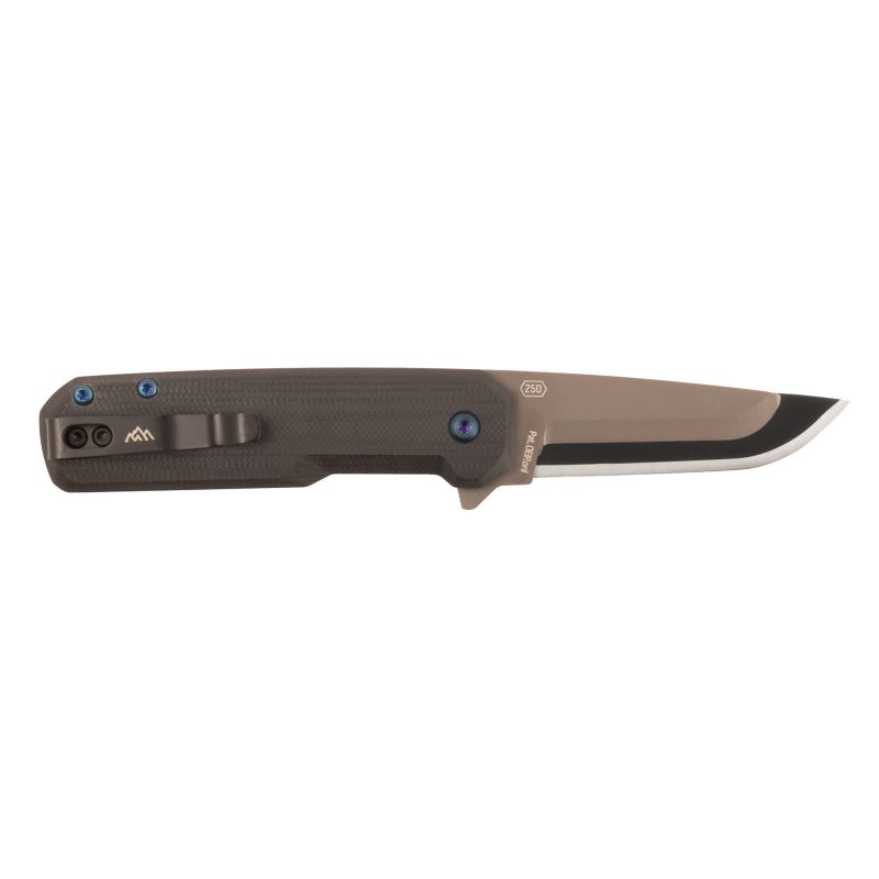 Outdoor Edge Razor VX8 folding knife with black G10 handle and black-oxide finish blade, shown open on a rustic surface.