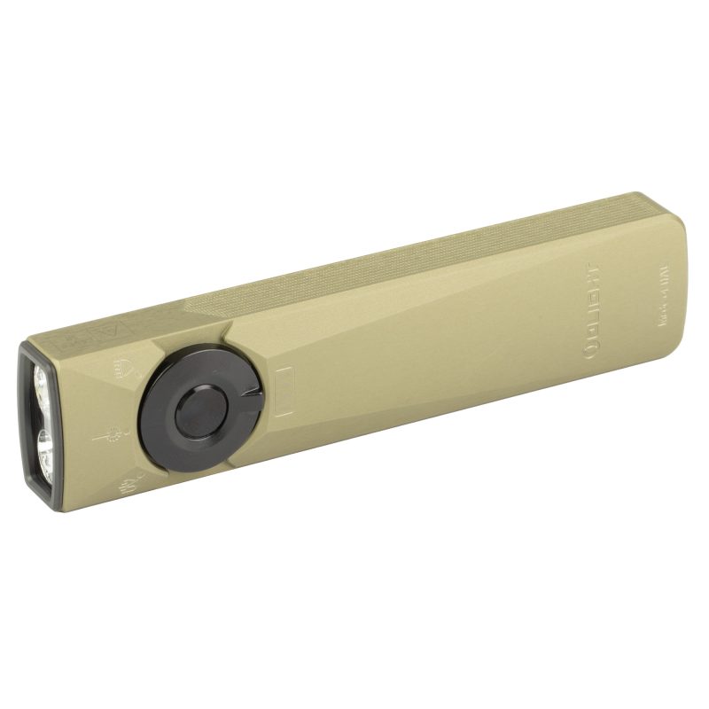 Olight Arkfeld Ultra GL 1400Lum Grn rechargeable EDC flashlight with green laser and UV light, olive green finish, shown on a rugged outdoor surface.