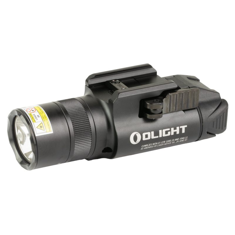 Black Olight Baldr Pro R weapon-mounted light with green laser, shown attached to a firearm, highlighting its compact and rugged design.