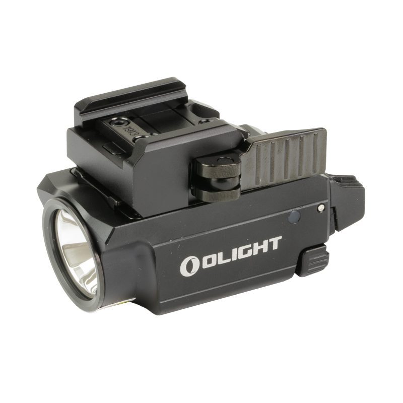 Black Olight Baldr Red Lsr Mini weapon-mounted light with a red laser, shown attached to a firearm rail, ready for use in rugged outdoor conditions.
