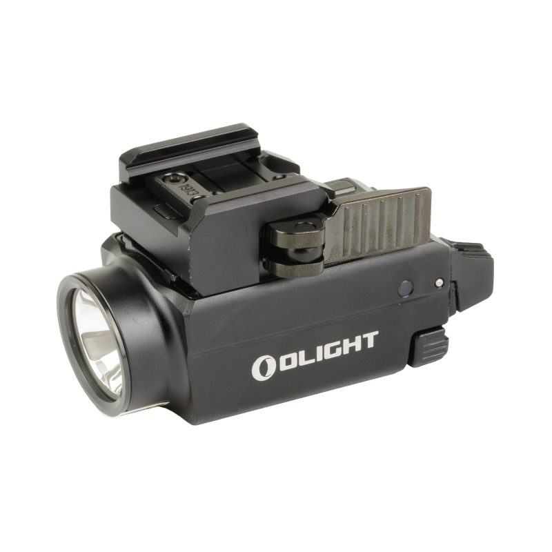 Black Olight Baldr S weapon-mounted light with a green laser, shown attached to a firearm rail.