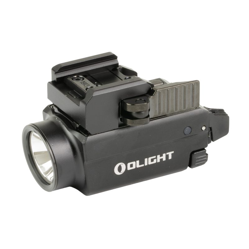 Black Olight Baldr S weapon-mounted light with blue laser, shown mounted on a firearm rail.