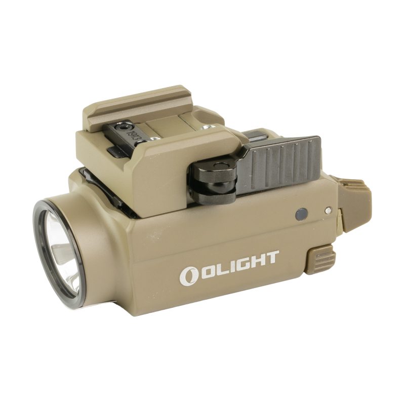 Olight Baldr S 800 lumen FDE weapon mounted light with blue laser, mounted on a firearm, against a dark background.