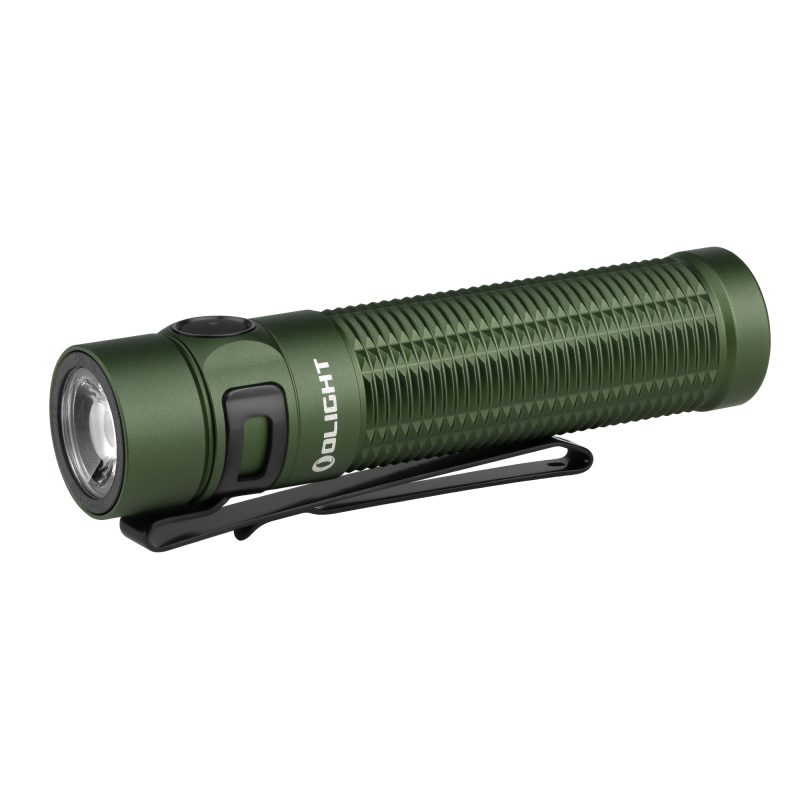 Olive drab green Olight Baton 3 Pro Max flashlight, showing its compact size and powerful beam, ideal for outdoor use in the White Mountains.