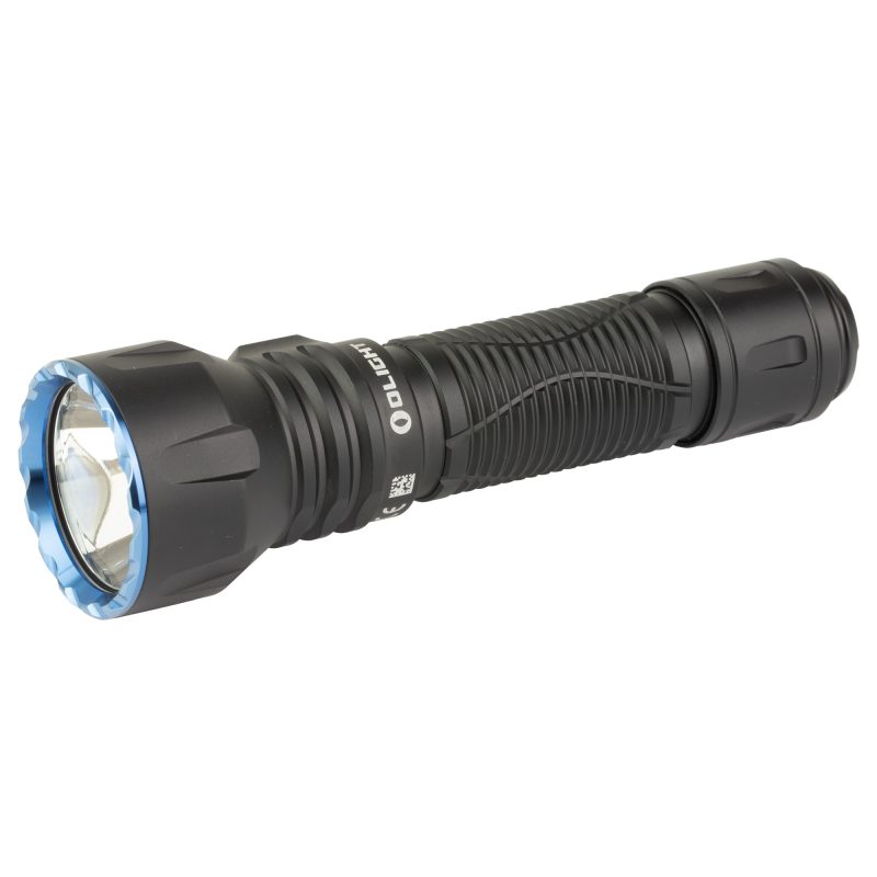 Black Olight Javelot 1350 lumen rechargeable handheld flashlight with a textured grip and a powerful beam.
