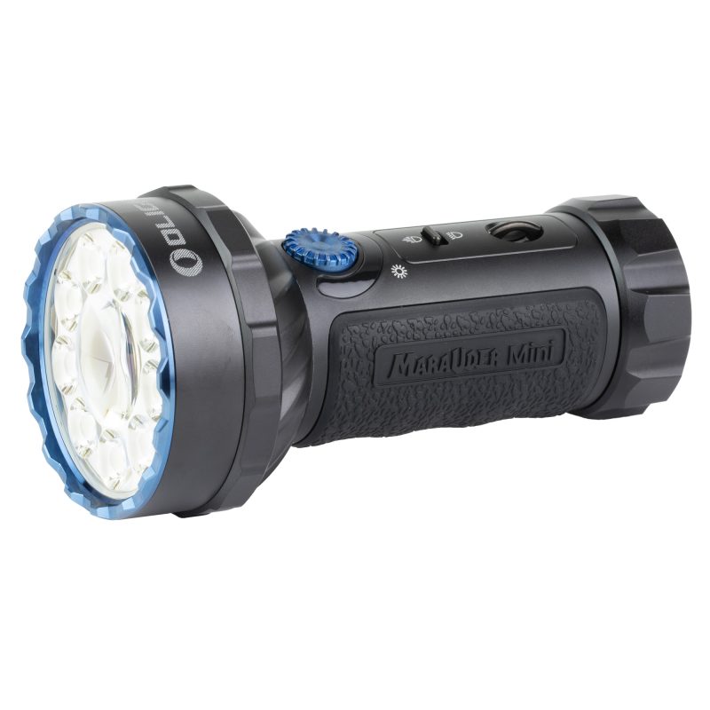 Black Olight Marauder Mini rechargeable handheld flashlight with 7,000 lumens and RGB light, shown ready for outdoor use.
