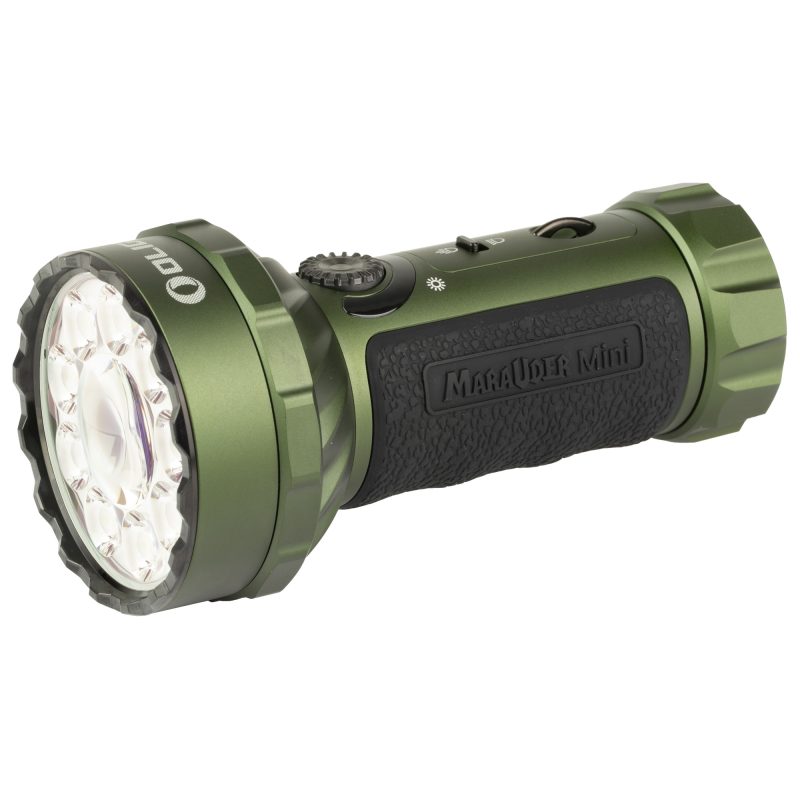 Olive drab green Olight Marauder Mini 7000-lumen rechargeable handheld flashlight with RGB light, shown illuminating a dark outdoor scene.
