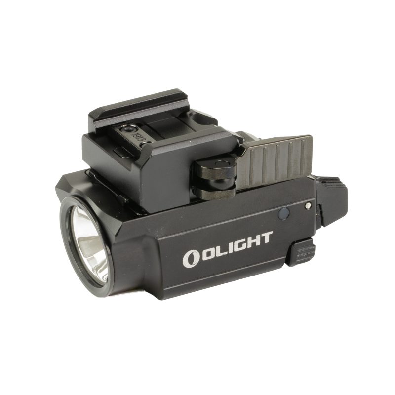 Black Olight Baldr Mini weapon-mounted light with a green laser, shown attached to a firearm rail.