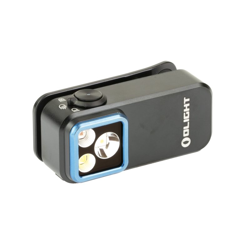 Black Olight Oclip Pro 300 lumen rechargeable clip-on light with spotlight and red light functions, shown clipped to gear.