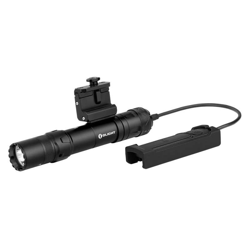 Black Olight Odin GL 1500-lumen weapon light with a green laser, mounted on a Picatinny rail, shown against a dark background.