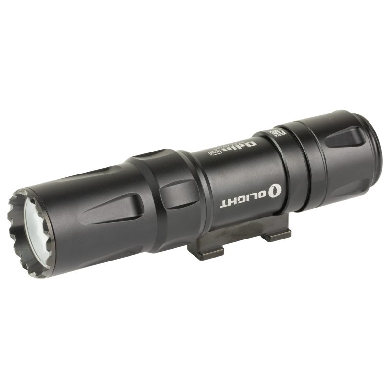 Black Olight Odin Mini 1250-lumen weapon-mounted light with Picatinny and M-LOK mount, shown attached to a rifle, highlighting its compact size and tactical design.