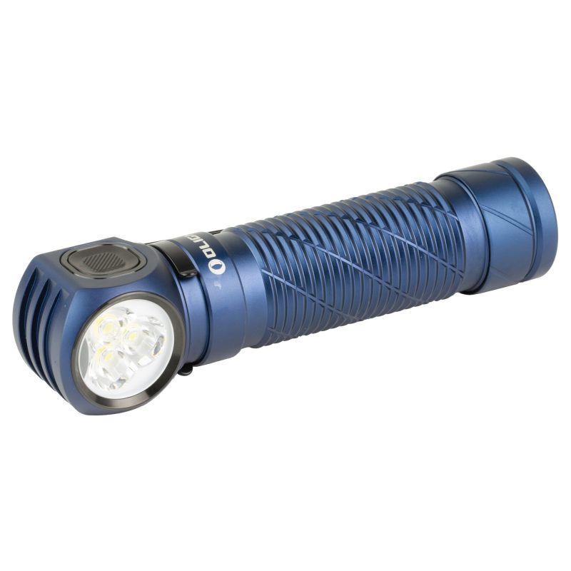 Olight Perun 3 Headlamp in midnight blue, showing the lamp unit and headband, ready for outdoor use in the White Mountains of Arizona.
