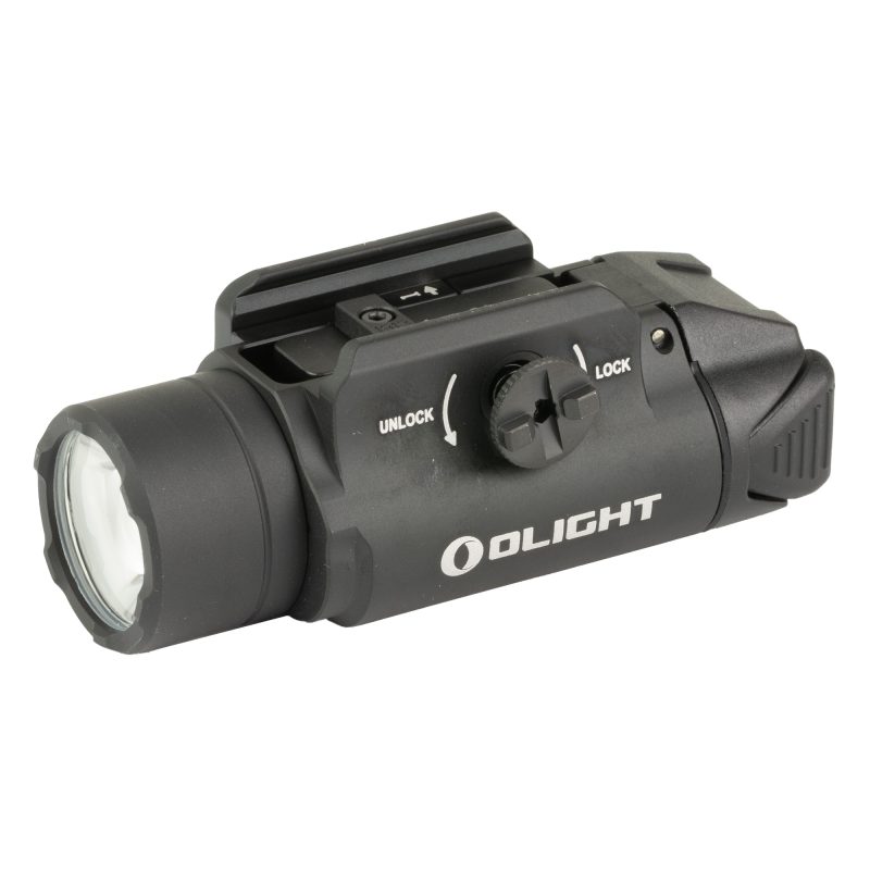 Black Olight PL-3R Valkyrie rechargeable weapon light mounted on a Picatinny rail, showcasing its compact and durable design.
