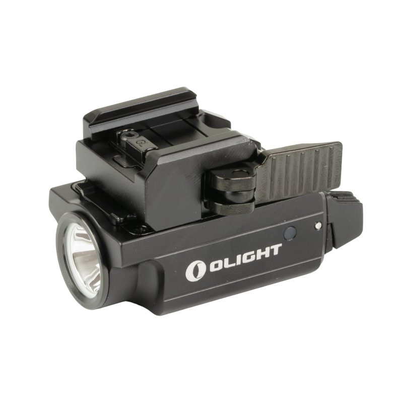 Black Olight PL-Mini2 Valkyrie 600 lumen weapon mounted light, shown with its quick-attach slide rail mount.