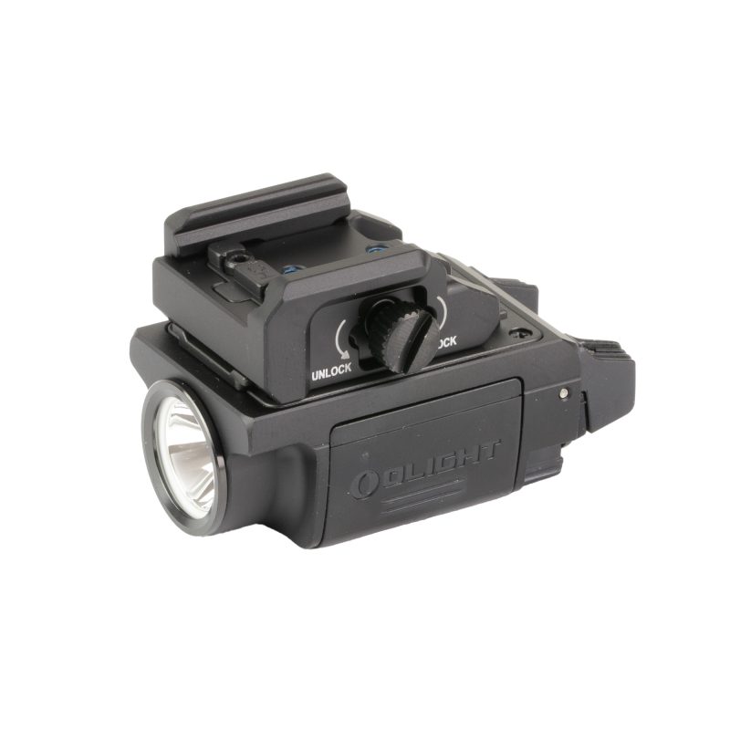 Black Olight PL-MINI 3 rechargeable weapon-mounted light with a picatinny slide rail mount, shown from the side.