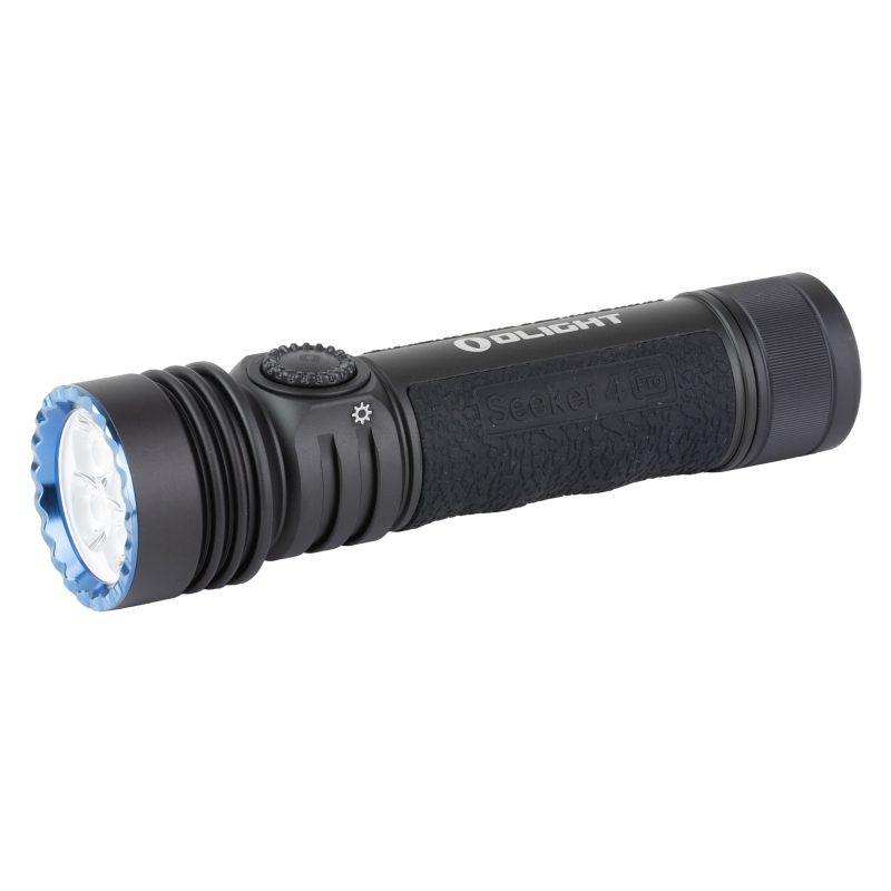 Black Olight Seeker 4 Pro rechargeable handheld flashlight with 4,600 lumens, shown with included holster.