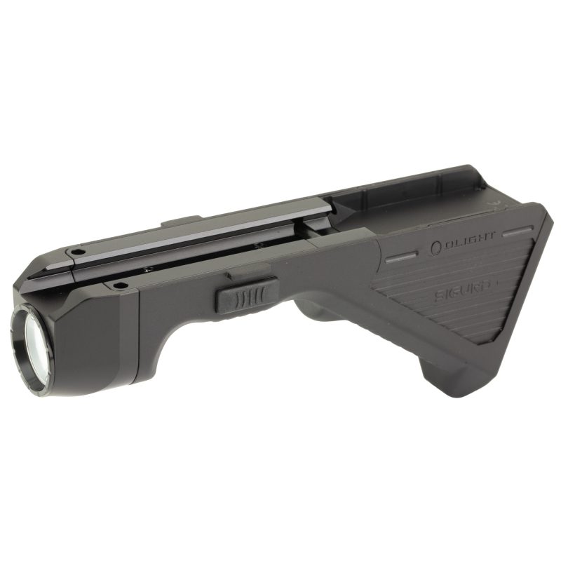 Black Olight Sigurd Angled Grip Light with 1450 lumens, mounted on a Picatinny rail, showing its compact and ergonomic design.