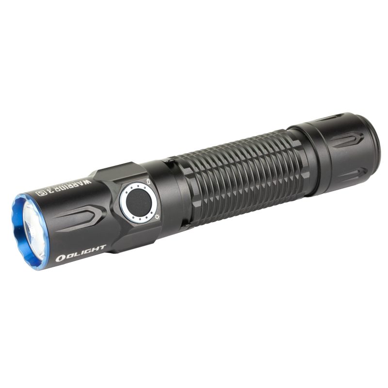 Black Olight Warrior 3S rechargeable tactical flashlight with 2300 lumens, shown illuminating a dark outdoor scene.