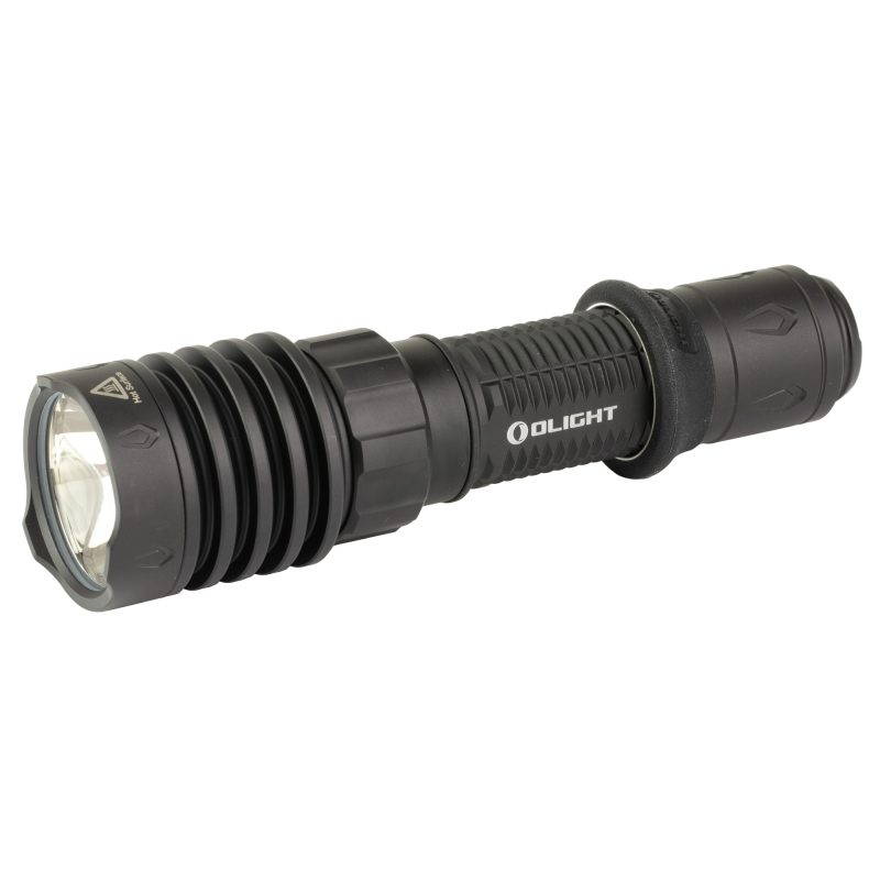 Black Olight Warrior X 4 rechargeable tactical flashlight, showing its powerful beam and rugged construction, ideal for outdoor use.