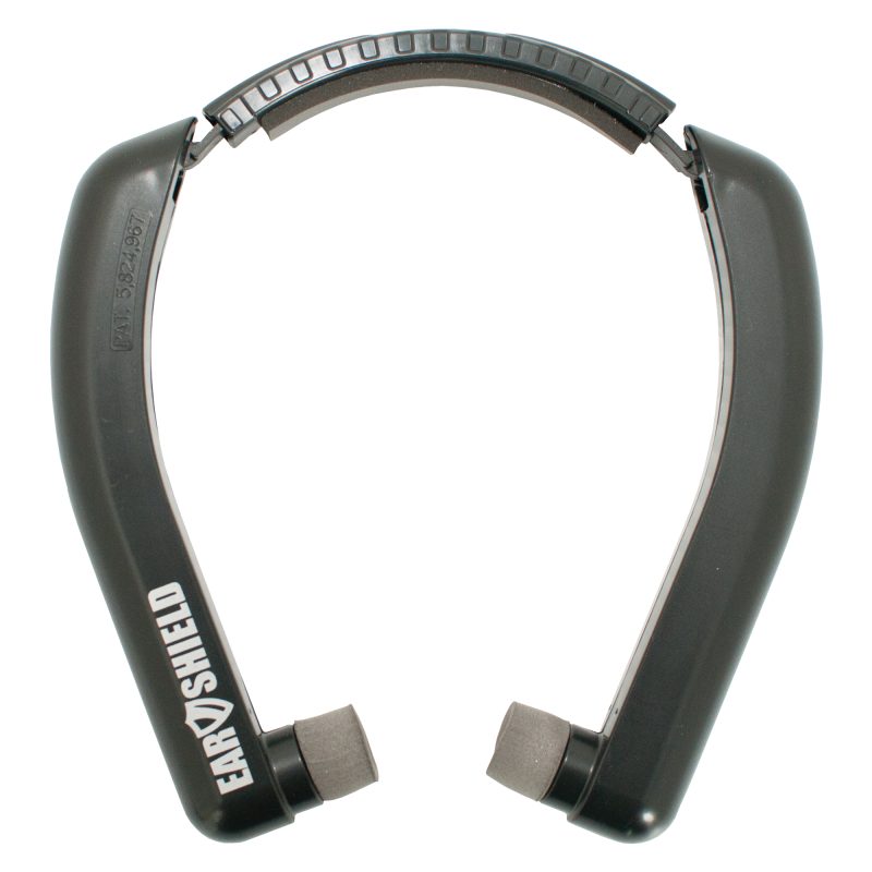 Otis Technology Earshield 31dB hearing protection, black, shown folded and ready for use on a ranch in the White Mountains.