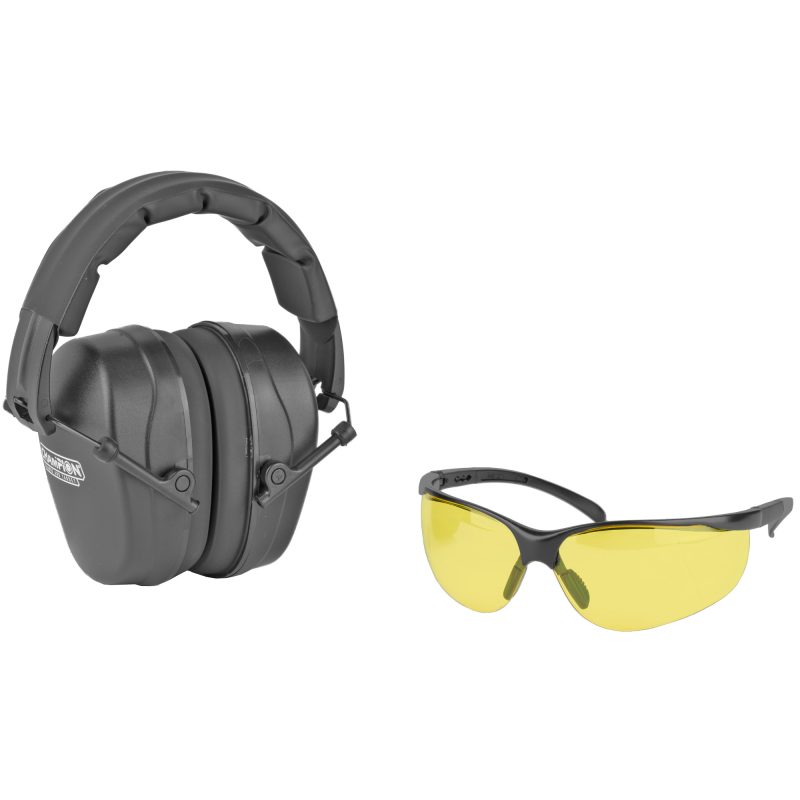 Black Champion Traps & Targets shooting combo kit with passive earmuffs and amber lens safety glasses.