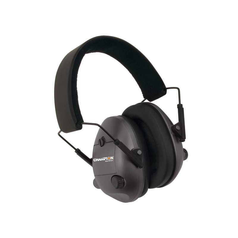 Black Champion Traps & Targets electronic ear muffs with 25dB NRR, designed for hearing protection during shooting or loud ranch work in the White Mountains.