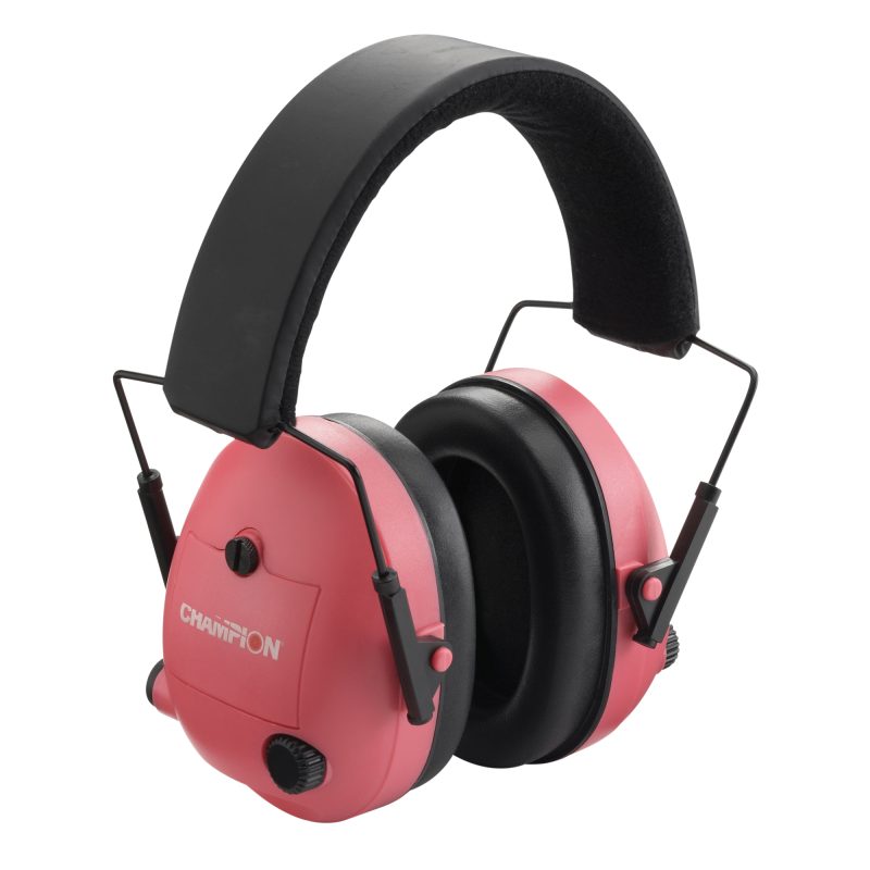 Pair of pink Champion Traps & Targets electronic ear muffs with a padded headband and ear cups.