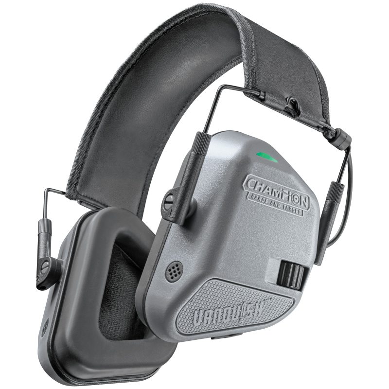 Pair of gray Champion Traps & Targets Vanquish electronic earmuffs with a black headband