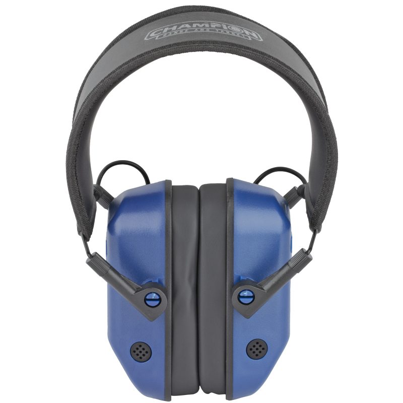 A pair of blue Champion Traps & Targets Vanquish Electronic Earmuffs, shown with earcups and headband, ready for use.