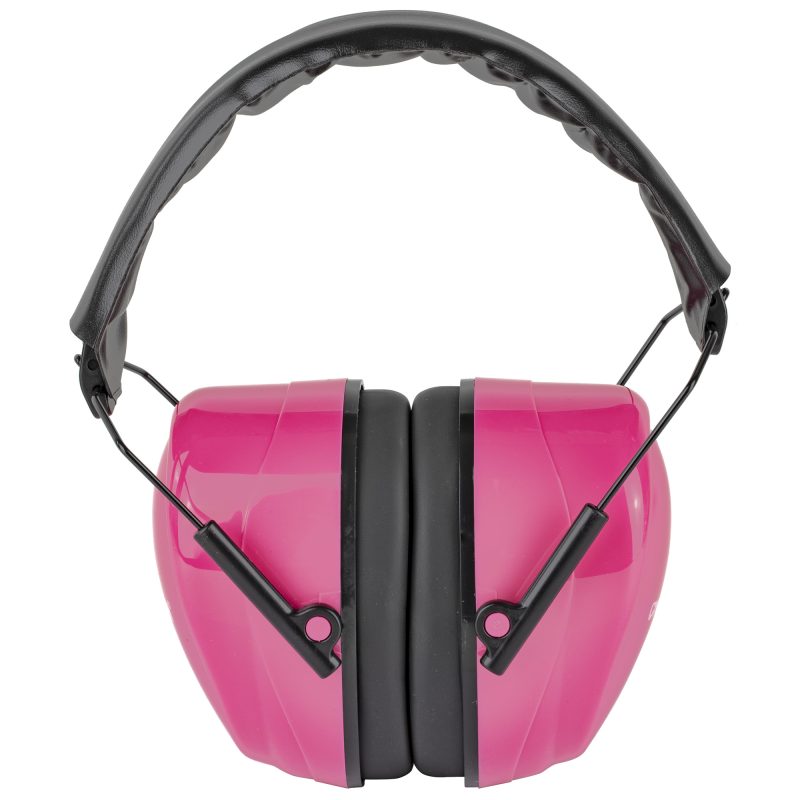 Champion Traps & Targets Passive Ear Muff in pink, showing adjustable headband and ear cups, suitable for ranch work and shooting in the White Mountains.
