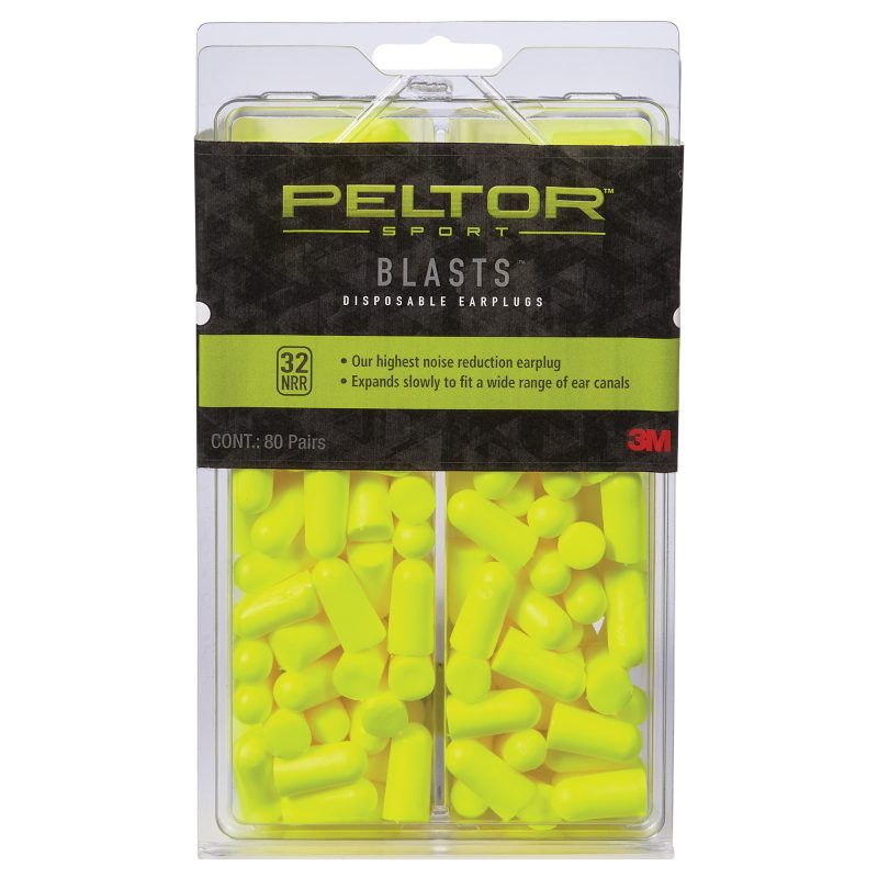 A yellow box of 3M/Peltor Sportblast Disposable Earplugs, 80 pairs, for hearing protection on a ranch or job site.