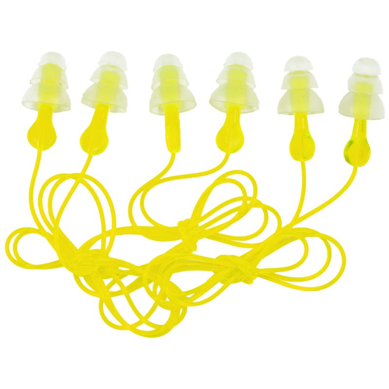 Three pairs of yellow 3M/Peltor Reuse Tri-Flange earplugs with cords, shown against a neutral background.