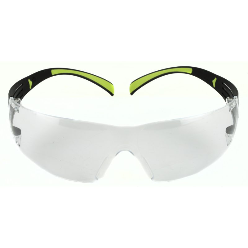Pair of clear 3M/Peltor SecureFit 400 safety glasses with black temples, shown against a neutral background.