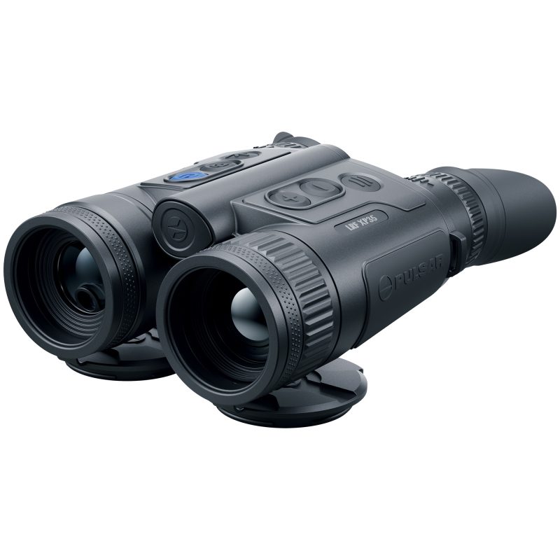 Pulsar Merger LRF XP35 Thermal Imaging Binoculars, black, with laser rangefinder, shown in an outdoor setting.