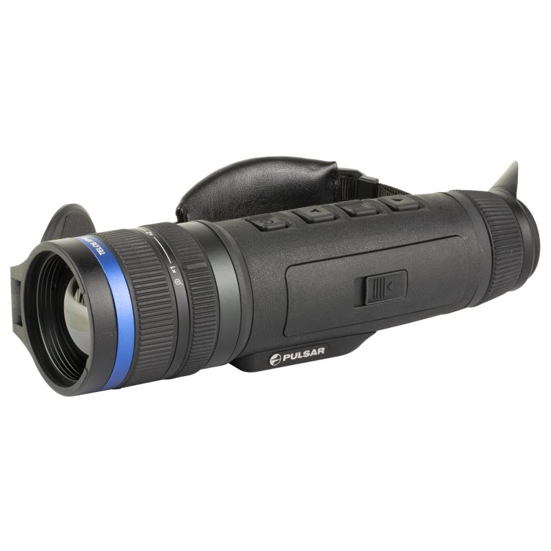 Pulsar Telos XP50 thermal imaging monocular, black, showing lens and controls, on a rugged outdoor background.