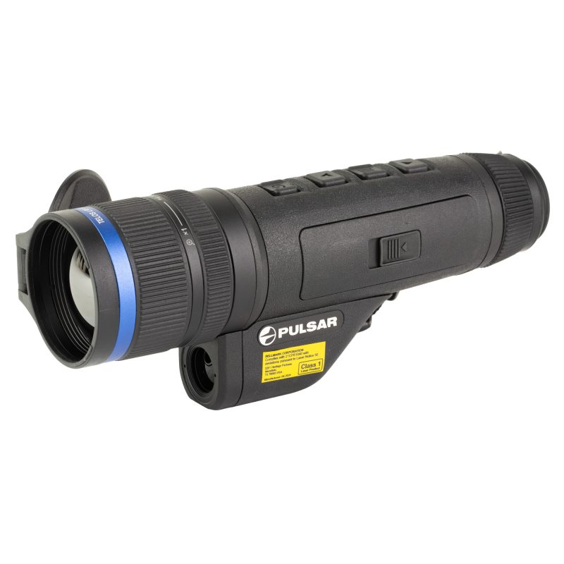 Pulsar Telos LRF XL50 Thermal Monocular, black, with a laser rangefinder, shown from the side.