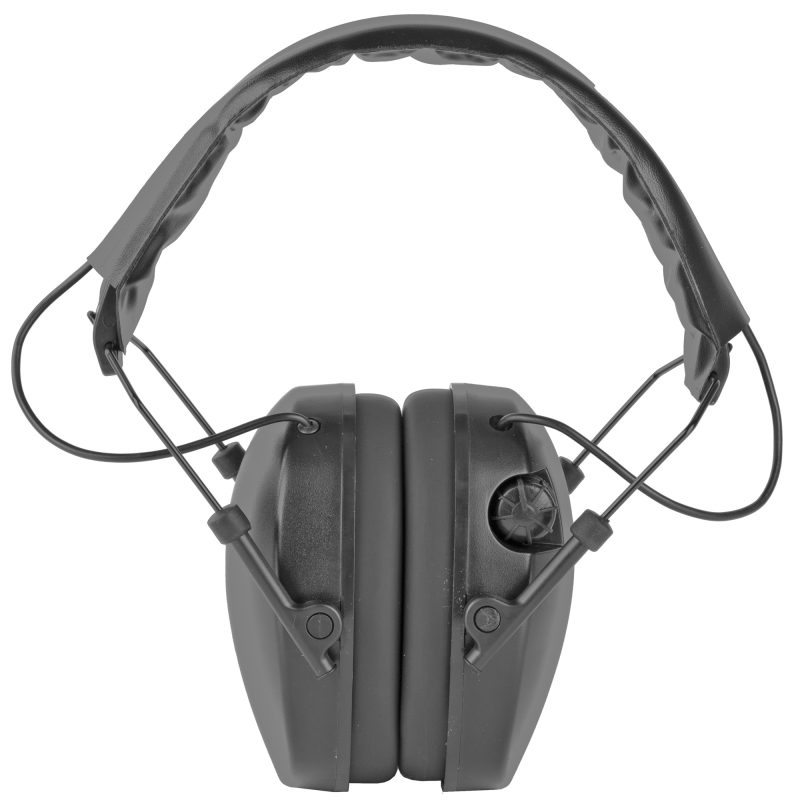 Black Radians electronic shooters earmuffs with adjustable headband and earcups, shown on a white background.