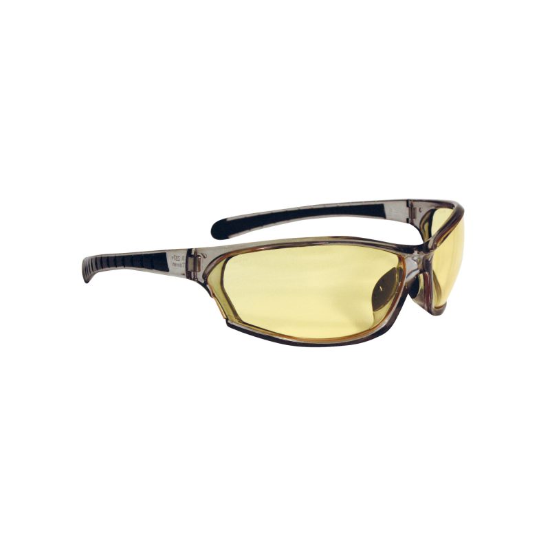 Radians Barrage shooting glasses with amber polycarbonate lenses and a gray frame, shown against an outdoor background.