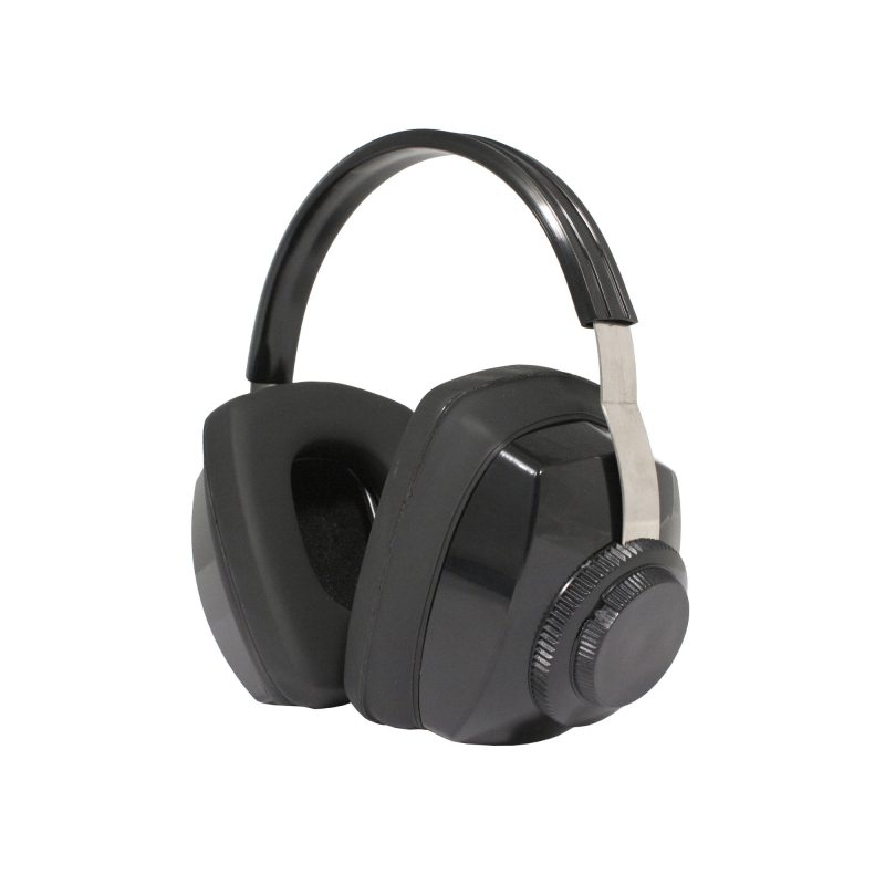 Black Radians Competitor Earmuffs with an adjustable headband, designed for hearing protection during loud tasks.