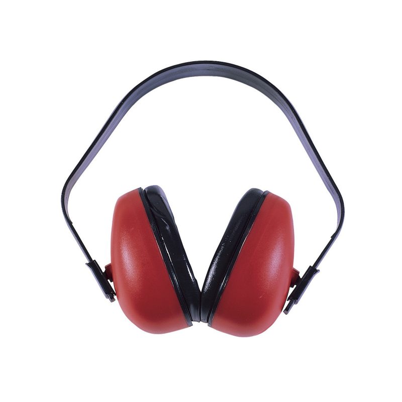 Red Radians Def-Guard NRR 23 earmuffs with an adjustable black headband and soft ear cups, shown against a neutral background.