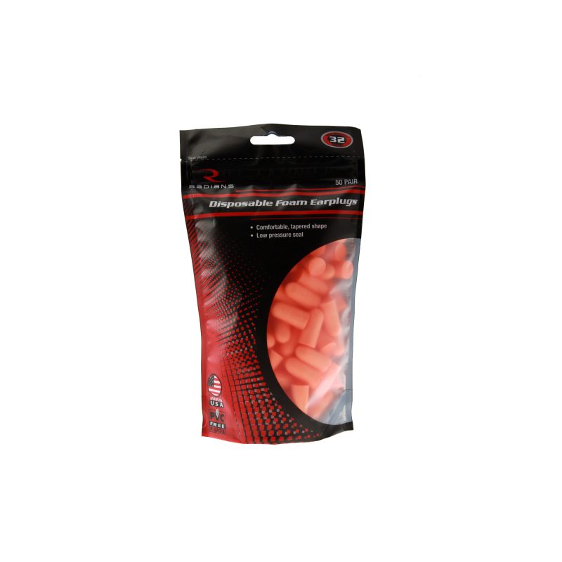 Orange Radians NRR 32 ear plugs in a clear resealable bag, showing 50 pairs, suitable for ranch work in the White Mountains.