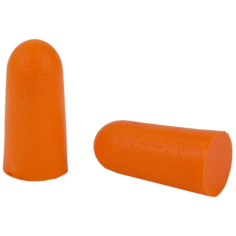 A 25-pack of Radians NRR32 foam earplugs, showing the bright orange tapered bullet shape.