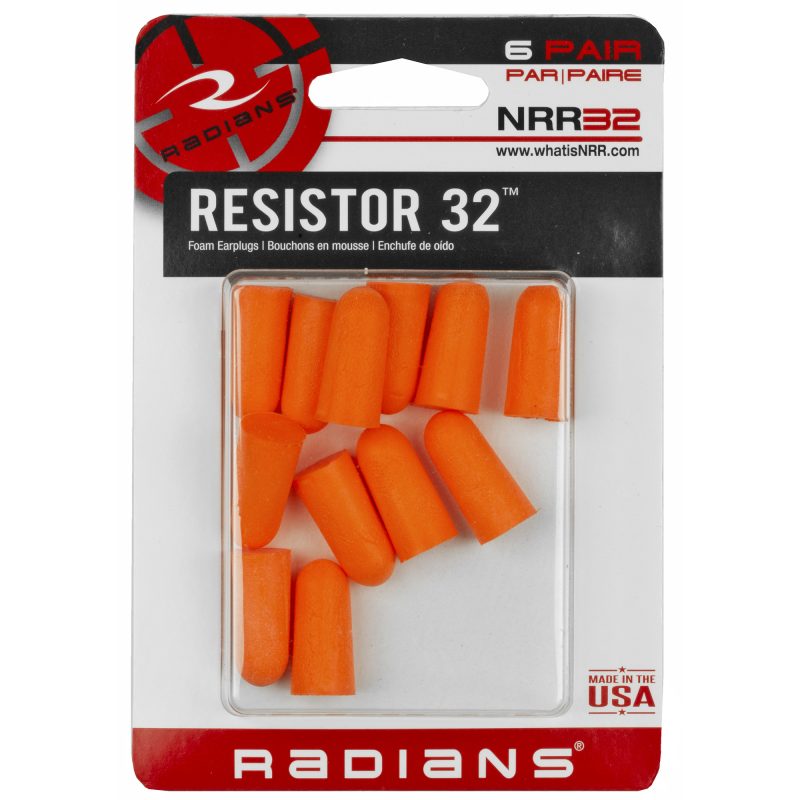 Six pairs of uncorded Radians Resistor disposable foam earplugs, orange, shown in their packaging.