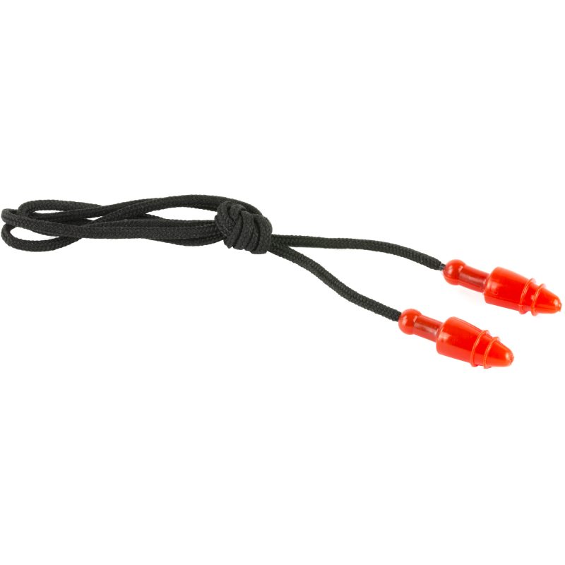 A pair of red Radians Snug Plugs earplugs connected by a black cord, shown with their clear flip-top carrying case.