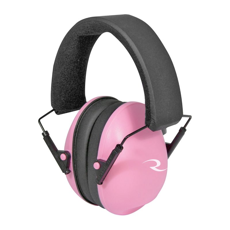A pair of pink and black Radians Passive Low Set Earmuffs with an NRR 21 rating, designed for hearing protection during noisy activities.