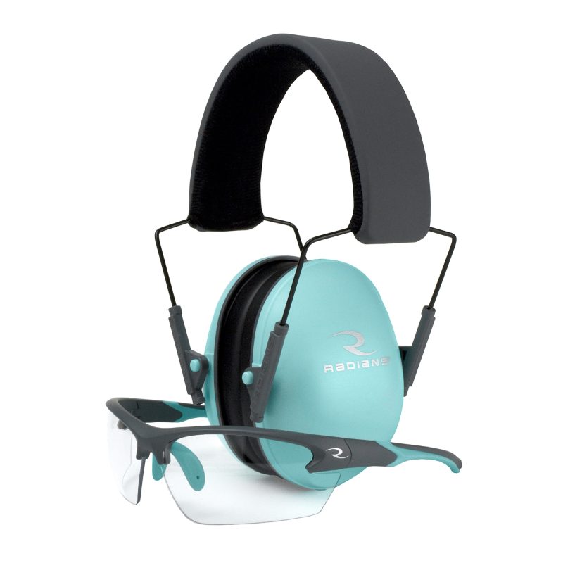 Radians Lowset Muff/Glasses Combo in aqua color, featuring low-profile earmuffs and clear safety glasses, displayed on a white background.