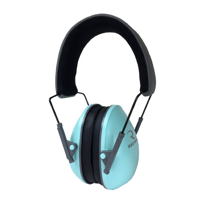 Radians Lowset Muff Aqua, a pair of light blue or aqua colored ear muffs with a black adjustable headband, shown against a neutral background.